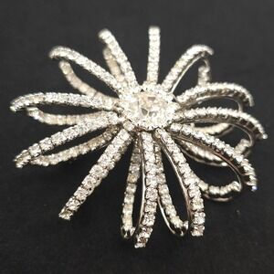 Vintage Rhinestone Starburst Brooch Silver Tone 3D Dome Ribbon Flower Pin 2.5"